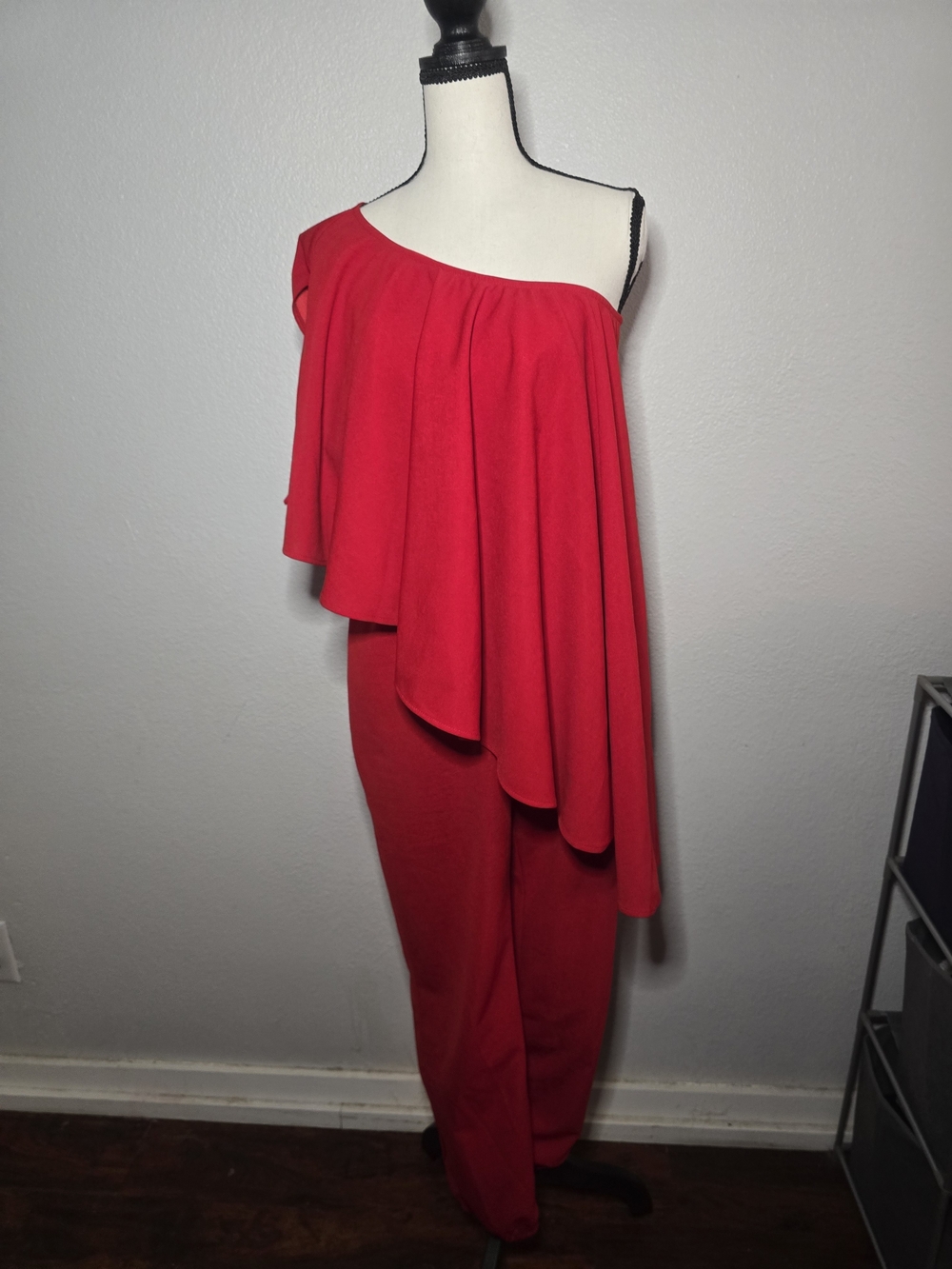 Fashion Nova Red One-Shoulder Draped Jumpsuit